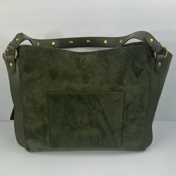 HOUSE OF HARLOW 1960 LUX TOTE, FAUX SUEDE OLIVE GREEN COLOR WITH A BACK POCKET